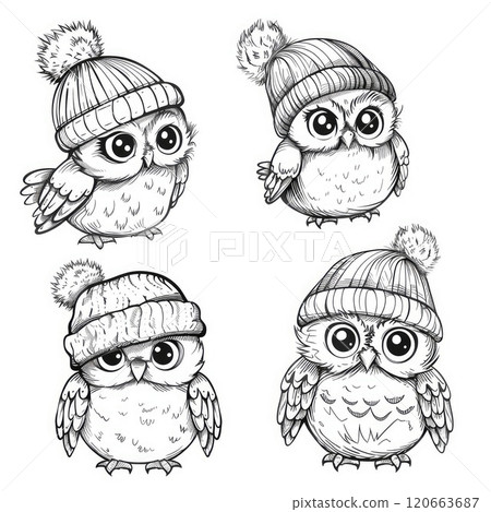Cute funny angry owls in hats. Line art baby character illustration. Coloring book for kids Cute funny angry owls in hats. Line art baby character illustration. Coloring book for kids 120663687