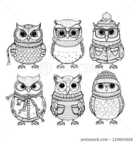 Cute funny owls in clothes. Line art baby character illustration. Coloring book for kids Cute funny owls in clothes. Line art baby character illustration. Coloring book for kids 120663688
