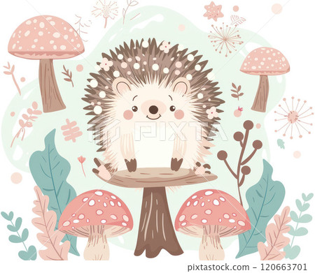 Cute baby hedgehog among the mushrooms. Forest character illustration Cute baby hedgehog among the mushrooms. Forest character illustration 120663701