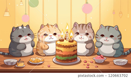 Kawaii fat cats sitting around birthday cake. Cute cartoon illustration 120663702
