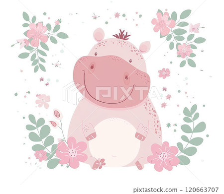 Cute hippopotamus isolated on white background. Cute baby hippo sitting with flowers around Cute hippopotamus isolated on white background. Cute baby hippo sitting with flowers around 120663707