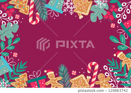 Christmas background with candy cane, gingerbread, twigs, berries, gift boxes and snowflakes on dark red background. Copy space. 120663742
