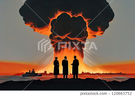 People stand and watch the nuclear detonation of a mushroom-shaped atomic bomb 120663752
