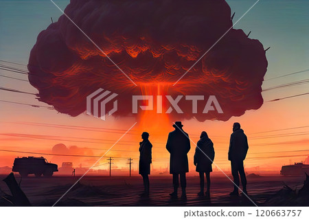 People stand and watch the nuclear detonation of a mushroom-shaped atomic bomb 120663757