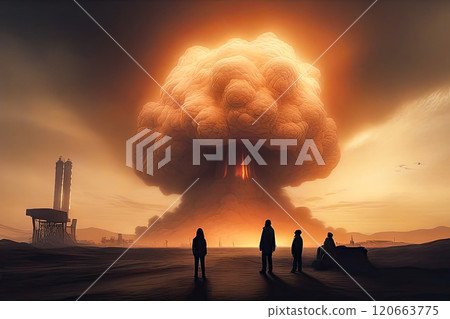 People stand and watch the nuclear detonation of a mushroom-shaped atomic bomb People stand and watch the nuclear detonation of a mushroom-shaped atomic bomb 120663775