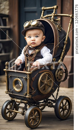baby in a stylish steampunk stroller on the street. steampunk universe. 120663776