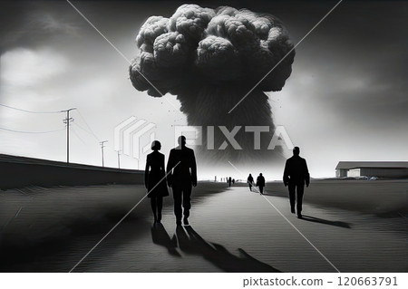 People stand and watch the nuclear detonation of a mushroom-shaped atomic bomb 120663791