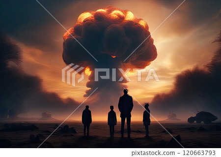 People stand and watch the nuclear detonation of a mushroom-shaped atomic bomb People stand and watch the nuclear detonation of a mushroom-shaped atomic bomb 120663793