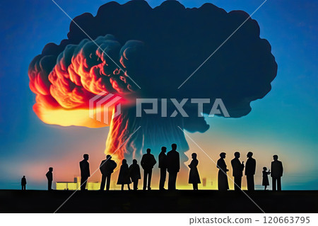 People stand and watch the nuclear detonation of a mushroom-shaped atomic bomb People stand and watch the nuclear detonation of a mushroom-shaped atomic bomb 120663795