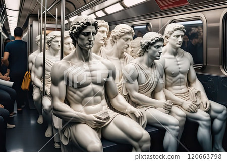 Greek sculptures sit in a subway car. 120663798