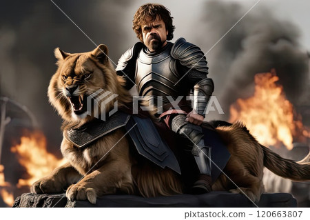 A knight in armor riding a lion. Fantasy. 120663807