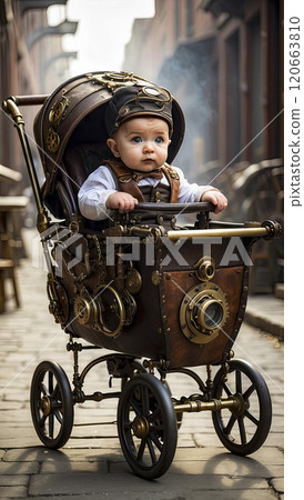 baby in a stylish steampunk stroller on the street. steampunk universe. baby in a stylish steampunk stroller on the street. steampunk universe. 120663810
