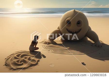 Little girls and sand monster on the beach Little girls and sand monster on the beach 120663816
