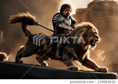 A knight in armor riding a lion. Fantasy. 120663818