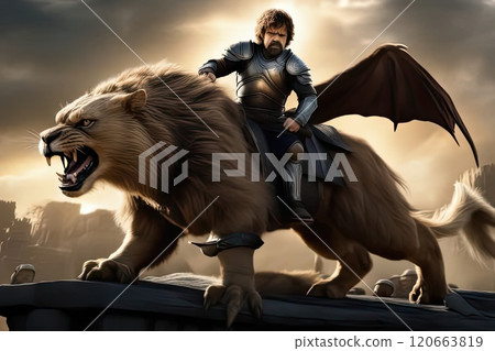 A knight in armor riding a lion. Fantasy. 120663819