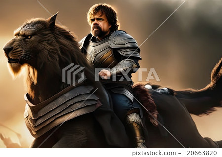 A knight in armor riding a lion. Fantasy. 120663820