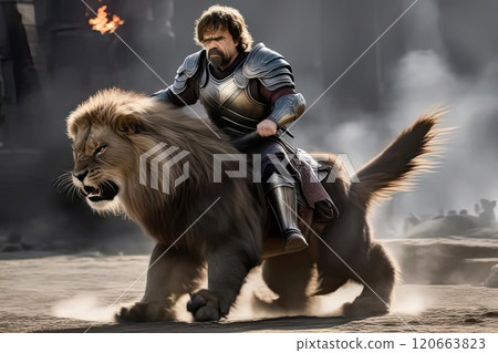 A knight in armor riding a lion. Fantasy. 120663823