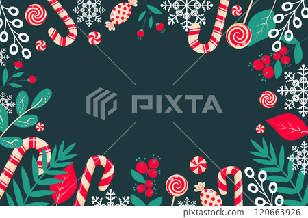 Christmas background with candy cane, lollipop, candy, twigs, berries and snowflakes on dark green background. Copy space. Decorative Christmas border. 120663926