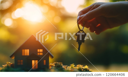 Hand holding keys in front of miniature house at sunset, representing real estate, property investment, home ownership, and the dream of buying a new home 120664406
