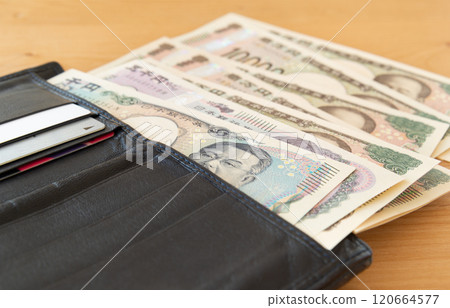 Money leaving the wallet, new banknotes, wallet and bills 120664577