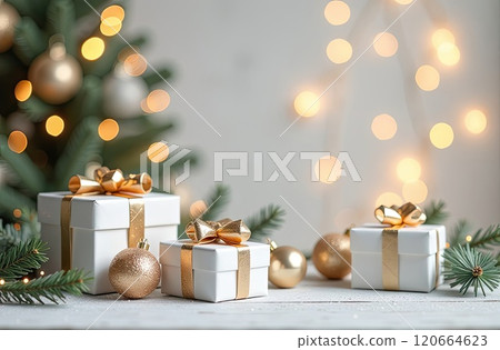 Christmas background with white gift boxes with gold bows, glowing bokeh and glitter. Festive mood Christmas and New Year card with copy space. AI generated 120664623