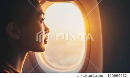 Young woman is enjoying the view of a beautiful sunset from her window seat on an airplane. The warm sunlight illuminates her face, creating a sense of peace and wonder Young woman is enjoying the view of a beautiful sunset from her window seat on an airplane. The warm sunlight illuminates her face, creating a sense of peace and wonder 120664682