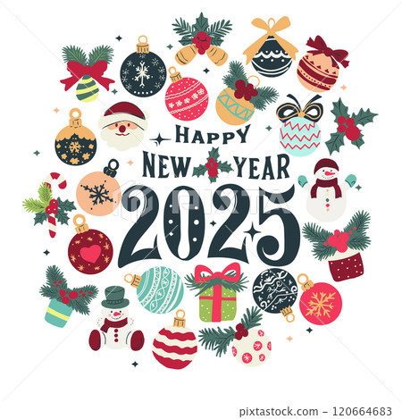 A colorful vector Christmas ornament with a snowman and a santa Claus. The words "Happy New Year 2025" are written in the center of the circle 120664683