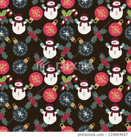 Festive Christmas seamless background with a snowman and a bunch of Christmas decorations. Perfect for wrapping, holiday decor, greeting cards, scrapbooking. Festive Christmas seamless background with a snowman and a bunch of Christmas decorations. Perfect for wrapping, holiday decor, greeting cards, scrapbooking. 120664687