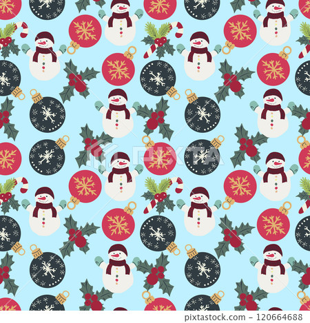 Festive Christmas seamless background with a snowman and a bunch of Christmas decorations. Perfect for wrapping, holiday decor, greeting cards, scrapbooking. 120664688