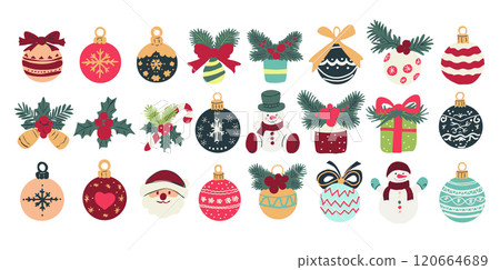 Vector Christmas set of decorative Christmas ornament balls, snowman, holly, gift box. Vector Christmas set of decorative Christmas ornament balls, snowman, holly, gift box. 120664689