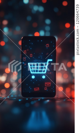 Smartphone displays a vibrant shopping cart icon, symbolizing online shopping and e commerce against a backdrop of colorful bokeh lights 120664739