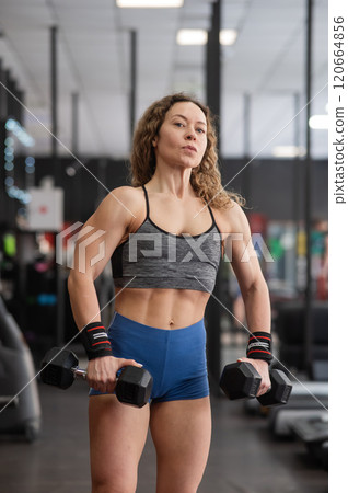 Muscular Caucasian forty year old woman doing exercises with dumbbells in the gym. Vertical photo.  120664856