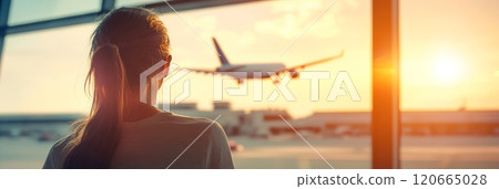 Back view of a young woman standing next to a window at the airport terminal, looking at an airplane taking off at sunset 120665028