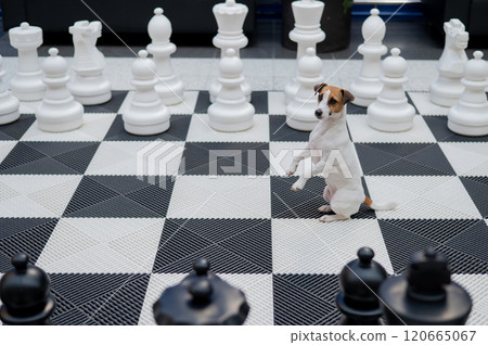 Jack Russell Terrier dog on a chessboard.  120665067