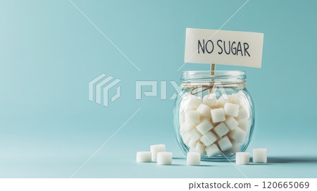 Glass jar filled with sugar cubes displays a no sugar sign, promoting sugar reduction and a low sugar lifestyle for improved well being Glass jar filled with sugar cubes displays a no sugar sign, promoting sugar reduction and a low sugar lifestyle for improved well being 120665069