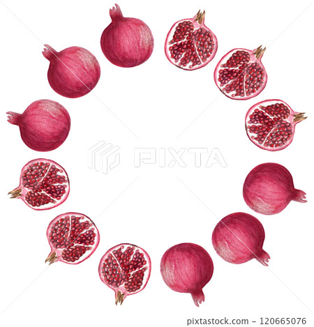 An open pomegranate watercolor round frame isolated on white. The hand-painted illustration cis perfect for culinary designs, kitchen, home decor, prints, cards, juice packages. Autumn harvest clip An open pomegranate watercolor round frame isolated on white. The hand-painted illustration cis perfect for culinary designs, kitchen, home decor, prints, cards, juice packages. Autumn harvest clip 120665076
