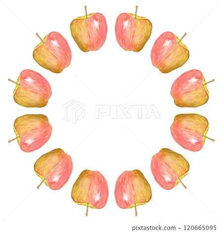 A shiny striped apple watercolor round frame isolated on white. Hand-painted clip art perfect for culinary designs, prints, cards, packages, Rosh Hashanah, juice, sales, harvest themed decor 120665095