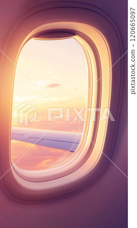 Flying high, the airplane offers a stunning sunset view from the window, showcasing a colorful sky blending orange, yellow, pink, purple, and blue hues in a tranquil display 120665097