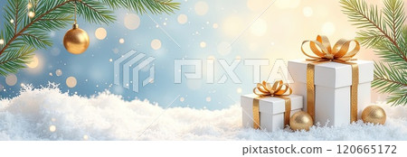 Christmas blue background with white gift boxes with gold bows, glowing bokeh and glitter. Festive mood Christmas and New Year card with copy space. AI generated 120665172