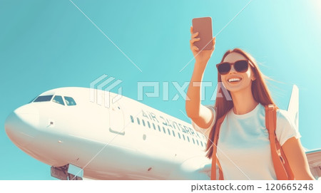 Excited woman taking selfie at airport before flight, eager to share vacation on social media. Smiling, ready to board, blue sky and airplane in background 120665248