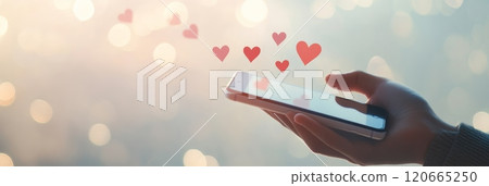 Person is holding smartphone with floating red hearts in blurred background, representing social media marketing, online dating, and virtual connections 120665250