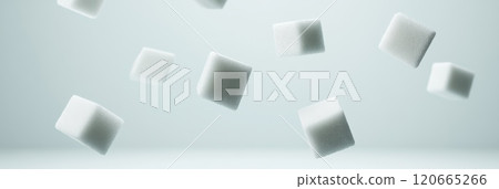 White sugar cubes falling on light blue background, symbolizing sugar reduction and dangers of excessive consumption 120665266