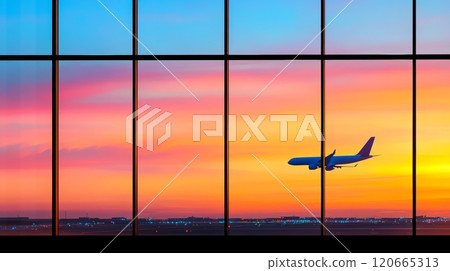 Airplane soaring over a city skyline at sunset viewed from an airport window. With vibrant orange. Pink. And blue hues painting the sky 120665313