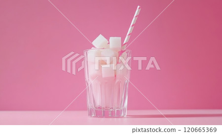 Promoting a low sugar lifestyle with a glass of sugar cubes and a straw on a pink background 120665369
