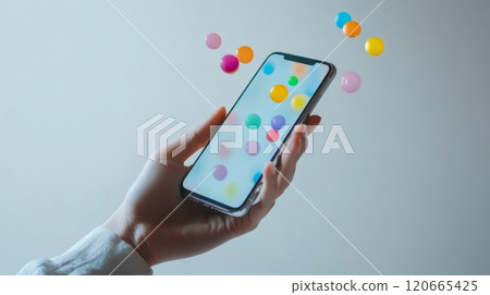 Woman holding smartphone with colorful bubbles floating on screen and in air, representing social media icons, marketing apps, and digital communication 120665425