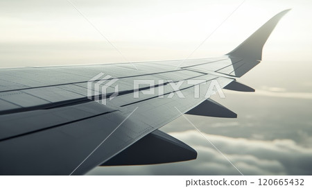 Airplane wing soaring through a cloudy sky, bathed in the warm glow of the setting sun, evoking a sense of freedom and adventure 120665432