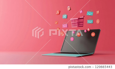 Laptop displays various icons related to online shopping, e commerce, and delivery, while a vibrant pink shopping basket floats above, symbolizing the ease and convenience of online purchasing 120665443