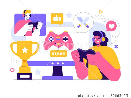 E-sports Vector Illustration featuring a Gamer in Virtual Reality, Playing Online Games on Consoles or Using a Joystick with a Gamepad in a Background E-sports Vector Illustration featuring a Gamer in Virtual Reality, Playing Online Games on Consoles or Using a Joystick with a Gamepad in a Background 120665455