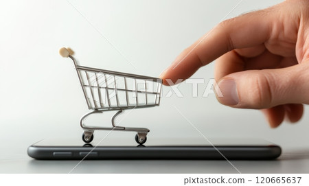 Customer is pushing small shopping cart on smartphone screen, symbolizing online shopping, e commerce, and mobile payments, with finger interacting with miniature cart on cellphone 120665637