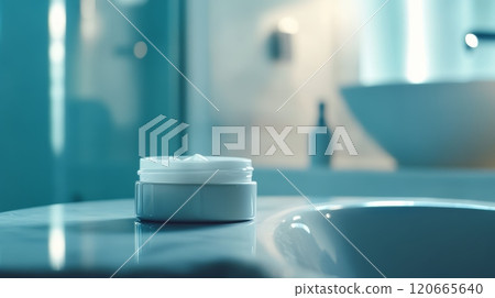 Open cosmetic cream container placed on a marble surface in a modern, elegant bathroom, embodying self care and wellness rituals 120665640